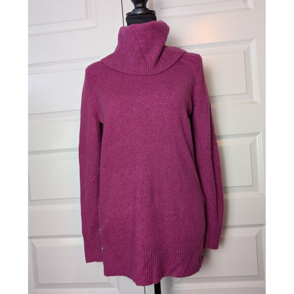 Loft Size M Sweater Merino Wool Blend Cowl Neck Side Buttons Tunic Fuchsia - Picture 2 of 10